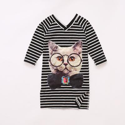 China New Design Girls Cotton Fabric Breathable V-neck Stripes Cartoon Printed Full Sleeve Long Shirt for sale