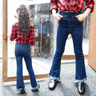 China 2019 New Products Girls Sustainable Denim Fabric Elastic Waist Pants Kids Flared Jeans With Tassel for sale