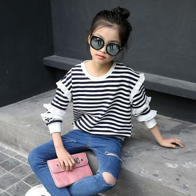 China New Product Breathable Stripes Girls Shirt O-Neck Ruffles Cotton Kids Hoodies for sale