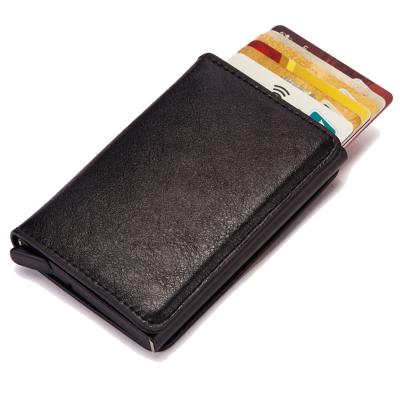 China Waterproof PU RFID Card Holder Stretch Card Metal Aluminum Business Card Holder Waterproof Automatic Wallet for sale