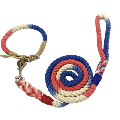 China Environmentally Sustainable Gradient Rainbow Color Braided Cotton Rope Dog Leash And Collar Set for sale