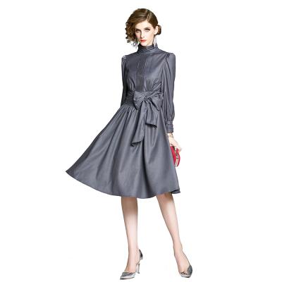 China Anti-wrinkle Women's Elegant Stand Collar Skirt Bow Belt Pleated Vintage Swing Dress for sale