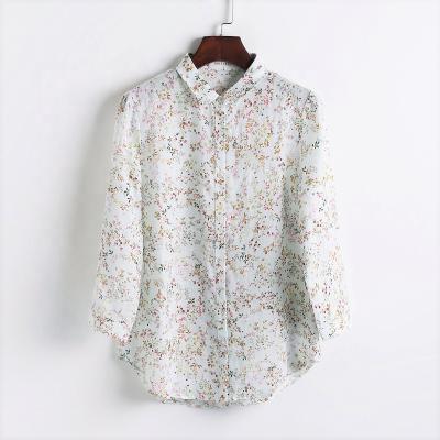 China 2021 Fashion Women Floral Print Breathable Blouse Curved Edge Top Canvas Lapel Button Down Shirt for sale