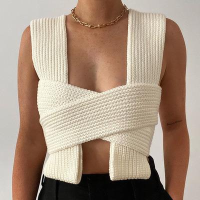 China Fashion Tops Women Breathable Solid Chic Winter Knitted Crop Tops Sweaters Female Sleeveless Pullover Bandage Sweater for sale