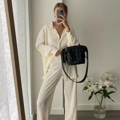 China Causal Loose Home Suit Autumn Long Sleeve Blouse With Waist Pants QUICK DRY Top Set Women Elegant Pleated Beige 2 Piece Panty Sets for sale