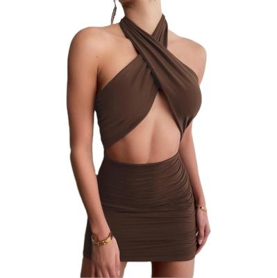 China Hot Selling Anti Wrinkle Summer Halter V-Neck Cavity Ruched Sexy Drawstring Bodycon Mini Dress 2022 Solid Color Club Butt Lift Dress for sale