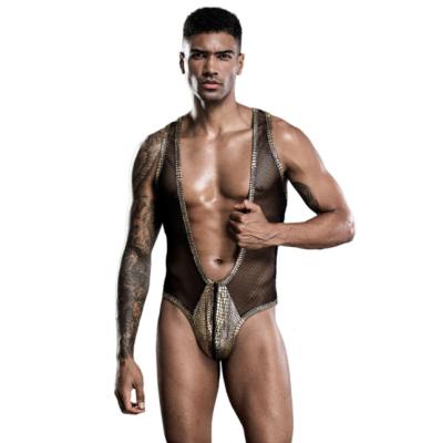 China New style men's uniform fashion underwear 2022 fashionable gay nightclub jumpsuit underwear jumpsuit one-piece cosplay gold sexy transparent for sale