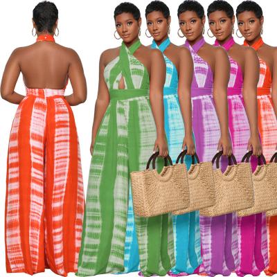 China Anti-Wrinkle 2022 Overall High Waist One-Piece Summer Leg Zipper Anti-Wrinkle Tie Dye Halter Suspenders Loose Wide Women Clothing for sale