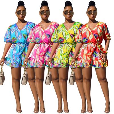 China Amazon Soft Breathable Summer Women's Casual Printed One-Piece Fashion V-Neck Overall Sexy Women's Jumpsuit&Bodysuit for sale