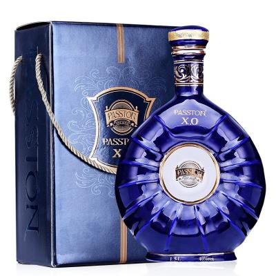 China Passton Brandy With Elegant Chinese Ceramics X.O 1500ml Brandy With Elegant Chinese Ceramics High Quality French Bottle Blue Bottle for sale