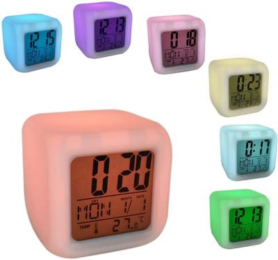 China Personalized Customization Digital Alarm Thermometer Night Cube 7 Colors Glowing Clock LED Change LCD Display For Bedroom Kids for sale