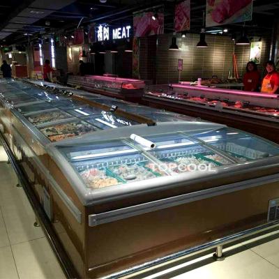 China Single-temperature 2 Meter Curved Commercial Island Freezer Display Freezer Glass Top Fridge for sale