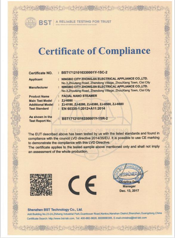 CE - Ningbo Zhongjia Electrical Appliance Co., Ltd.