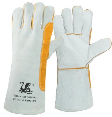 China Anti Slip Reinforced Welding Gloves 14 Inch Anti Puncture Reinforced Palm Cut Proof Cow Split Leather Work Welding Glove for sale