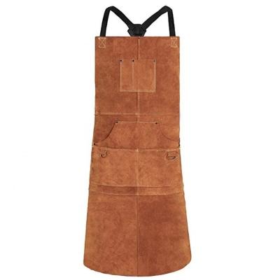 China Anti-smash Cow Split Leather Welding Apron Multifunctional Heavy Duty Apron With 6 Pockets Flame Heat Resistant BBQ Aprons for sale