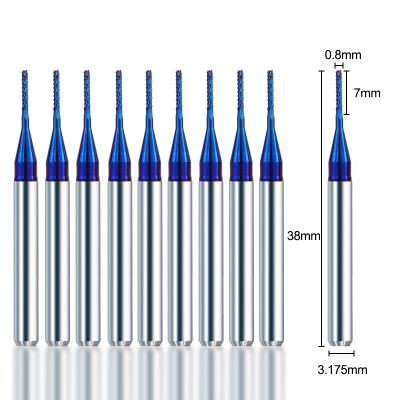 China Blue Coated Nonferrous Metal PCB Milling Cutter 0.5/0.6/0.8/1.2/1.4/1.7/1.8/2.2/2.4 Nano Leg Corn Milling Cutter CNC Cutter mm 1/8 for sale