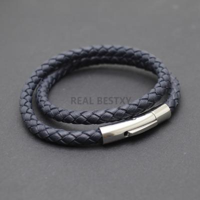 China AS IN 2021 IMAGE fashion men's jewelry custom navy color jewelry genuine leather magnetic bracelet stainless steel clasp bracelet men for sale