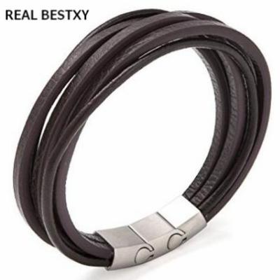 China As in the picture REAL BESTXY engrave black braided cuff gift men's leather name charm bracelet rock bracelet weave leather bracelets men for sale