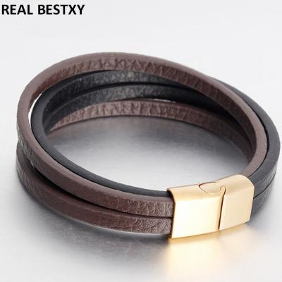 China Ethnic Custom High Quality Black Magnet Stainless Steel Logo Clasp Black Brown Leather Bracelet For Women Men for sale