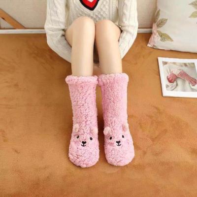 China Custom Anti Slip Sporty Pink Cartoon Embroidery Logo Thick Winter Women's Slipper Fluffy Fuzzy Socks for sale