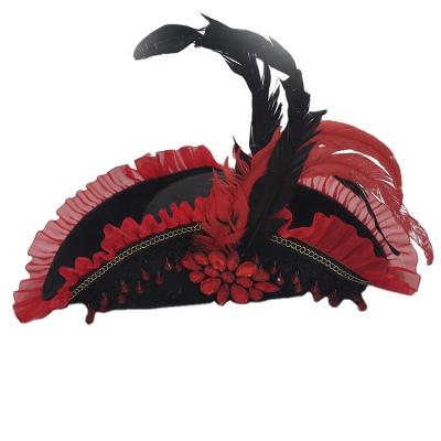 China Wholesale Red Striped Pairs Triangular Hat With Feathers Support Customization Plush Party Hats for sale