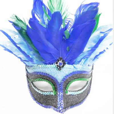 China Custom PVC PVC Mask Party Carnival Mask With Blue&Green Feather And Shimmer Powder for sale