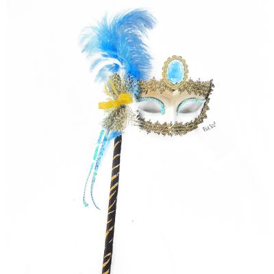 China PP 2020 New Fashion Feathered Eye Mask Hand Held Custom Turquoise Party Mask for sale