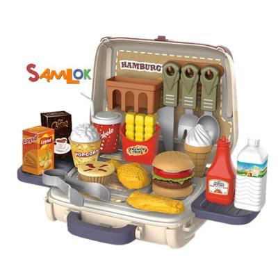 China Preschool Kids Play Set Samlok 2021 Wholesale Pretend Play Toys 3 In 1 Bag Portable Crossover 25 Pcs Hamburger Span Interesting Item For Kids for sale