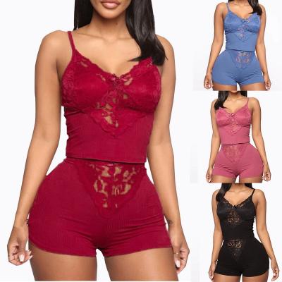 China QUICK DRY in fashionable and comfortable current sexy see-through lace pajamas sets v-neckline sleeveless invest lingerie shorts sleepwear top set for sale