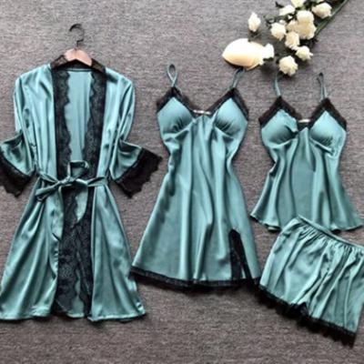 China Women's Summer QUICK DRY Pijamas Femme 4 Pieces Set Sexy Costume Satin Nightgown Lingerie Dress for sale