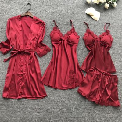 China Wholesale Women QUICK DRY Four Piece Lace Up Elegant Silk Satin Sleepwear Pajamas Set for sale