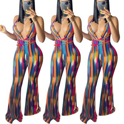 China Amazon Best Design QUICK DRY Deep V-Neck Colorful Irregular Stripe Printing Backless Fashion Clothes Women One Piece Overalls And Rompers for sale