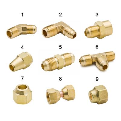 China Gas SAE Brass 45 Degree Flare Fit Include Cap Nut Plug Union Forged Male Elbow Branch Race Tee Female Connector for sale