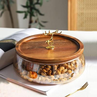 China Wooden Freshness Storage Trays Glass Bowl Nuts Fruit Food Container For Cereals Jars Double Layer Candy Jars With Wooden Lid Home Kitchen Storage for sale