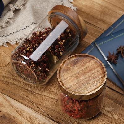 China Freshness Preservation 400ml 700ml 1600ml Small Spice Storage Containers Glass Jars With Wooden Airtight Lids for sale