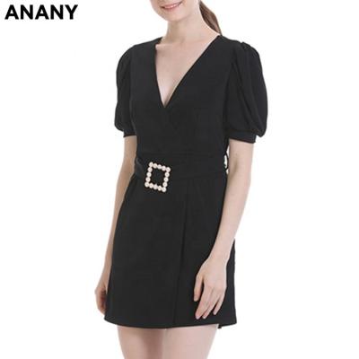 China ANANY V-neck Custom Made OEM Anti-Static Short Sleeve Lady Modern Elegant Casual Mini Dress With Sash Plain Office Dresses Women Formal Work for sale