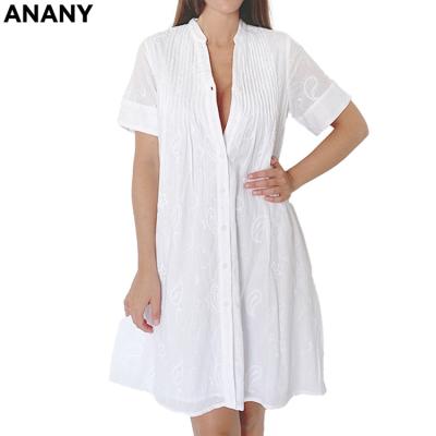 China ANANY New Arrival Anti-Static Cotton Women's 100% White Shirt Dresses Casual Loose Button Embroidered Down Shirt Dress For Women for sale