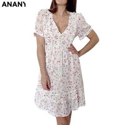 China Wholesale Anti-Wrinkle Floral Print Puff Sleeve Short V-Neck Button Up Ruffle Dress Summer Top Soft Fall Loose Casual Outfits For Women for sale