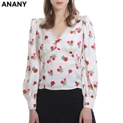 China ANANY Women Anti-pilling V-Neckline Elegant Casual Long Sleeve Rose Flower Print Waist Design Top And Blouse for sale