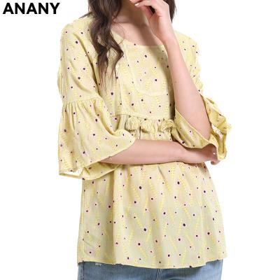 China ANANY New Anti-Shrink Round Neck Women's Casual Shirt Flare Sleeves Seven Point Sleeves Plus Size Loose Embroidered Fringed Top for sale