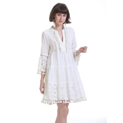 China ANANY Anti-Static Women Fall Boho Lace Fringe V-Neck Long Sleeve Elegant Casual Beach Rayon Dress Solid White Dresses OEM Custom for sale