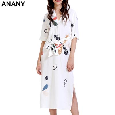 China ANANY Anti-Static 100% Cotton Half Linen V-Neck Sheath Dress Autumn Beach Casual Embroidered Side Split Midi Dresses For Women for sale