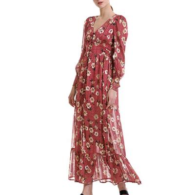 China ANANY OEM V-Neckline Anti-Static Long Sleeve Chiffon Floral Dress Plus Size Boho Long Maxi Dress Casual Beachwear For Women for sale