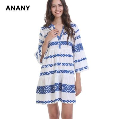 China ANANY Anti-Static OEM Custom Embroidery Striped Rocket Mini Dresses Three-Quarters Sleeve Button Down Shirt Loose Dress for sale