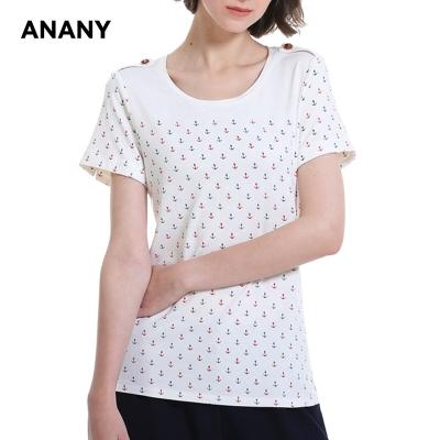 China ANANY Regular Wholesale Short Sleeve Round Neck T-shirts Custom Summer Women Anchor Shirts Casual White Cotton Print Tees for sale