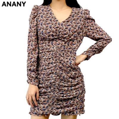 China Anany Long Sleeve V-neck Elegant Folded Lady Anti-static Mini Summer Dresses Women Casual for sale