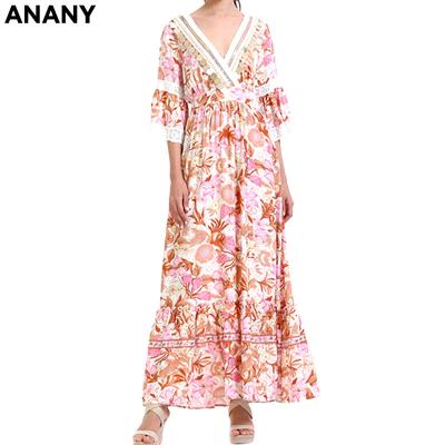 China Anany 2020 Anti-Static Fall Designed Women V Neck Sequined Embroidered Cuffs Maxi Casual Autumn Dresses Floral for sale