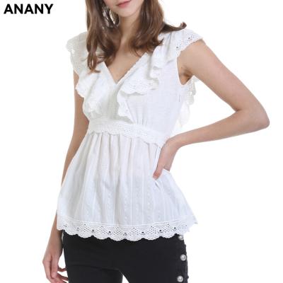 China Anti-pilling Anany 2020 New Fashion V-neck Design Sleeveless White Ruffled Tops Women for sale