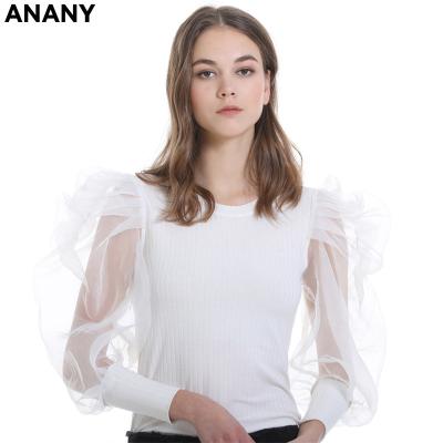 China Anti-pilling Women Fashion Long Sleeve Mesh Blouse Vintage Pearls Puff Sheer Full Sleeve Blusas Female for sale