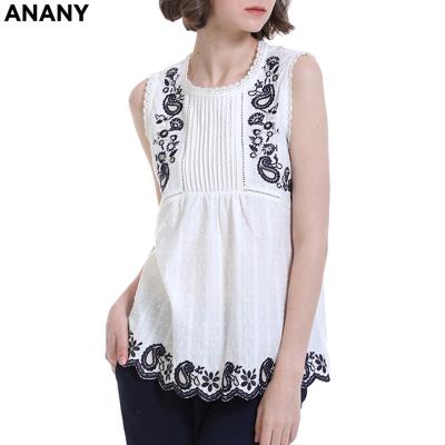 China Anany New Fashion European Design Trendy Floral Embroidery Sleeveless Anti-pilling Crew Pleated Neck Women's Tops for sale